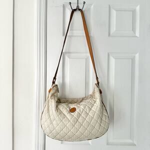 Fendi Vintage Cream White Quilted Faint Stripe Hobo Slouch Fabric Canvas Bag